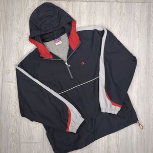 Vintage Rare Champion Windbreaker Quarter Zip Jacket Hooded Reflective Red Black